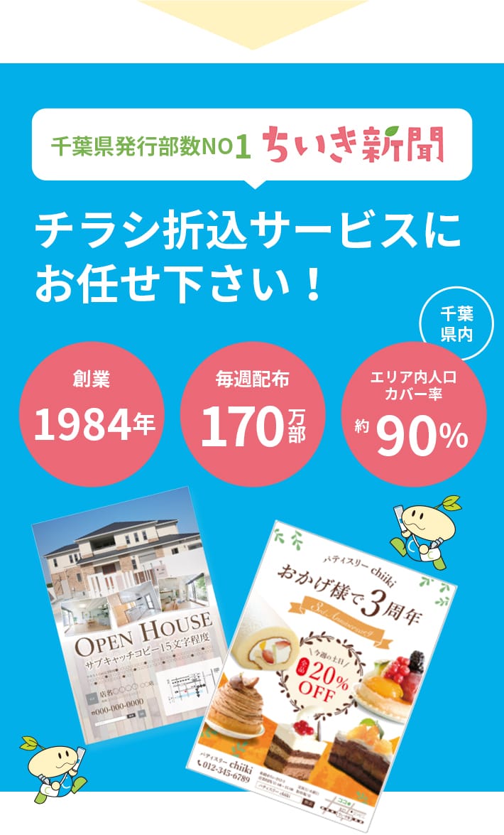 千葉県発行部数NO1 ちいき新聞 チラシ折込サービスにお任せください! 千葉県内 販売実績37年 毎週配布170万部 エリア内人口カバー率約90%