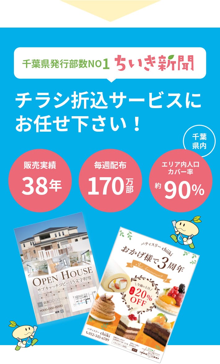 千葉県発行部数NO1 ちいき新聞 チラシ折込サービスにお任せください! 千葉県内 販売実績37年 毎週配布170万部 エリア内人口カバー率約90%